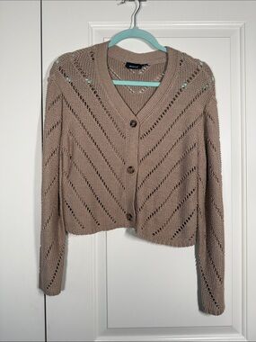RD Style Taupe Open-Weave V-Neck Button Front Cardigan